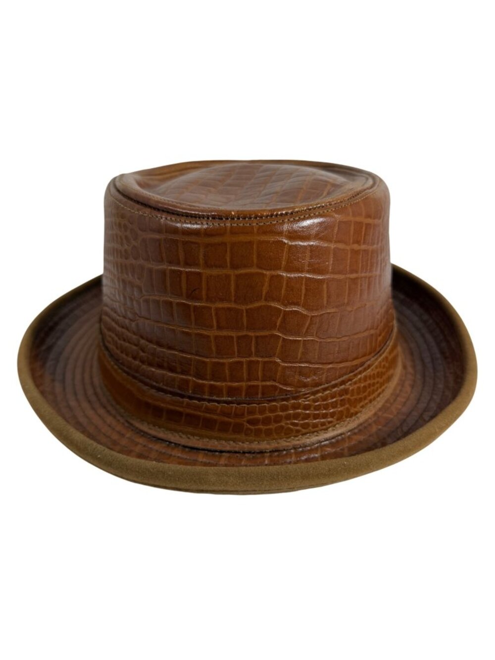 Vintage HH Henschel Croc Embossed Leather Fedora Hat XL Brown Made In USA
